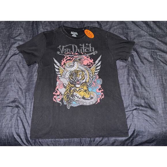 Von Dutch M Black Pink Blue Vintage Style Rhinestone Snake Yellow Tiger T-Shirt - Picture 1 of 2